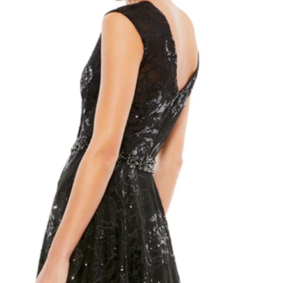 MAC DUGGAL 12413 EMBROIDERED EMBELLISHED WAIST CAP SLEEVE A-LINE BLACK GOWN 16 - Picture 3 of 7